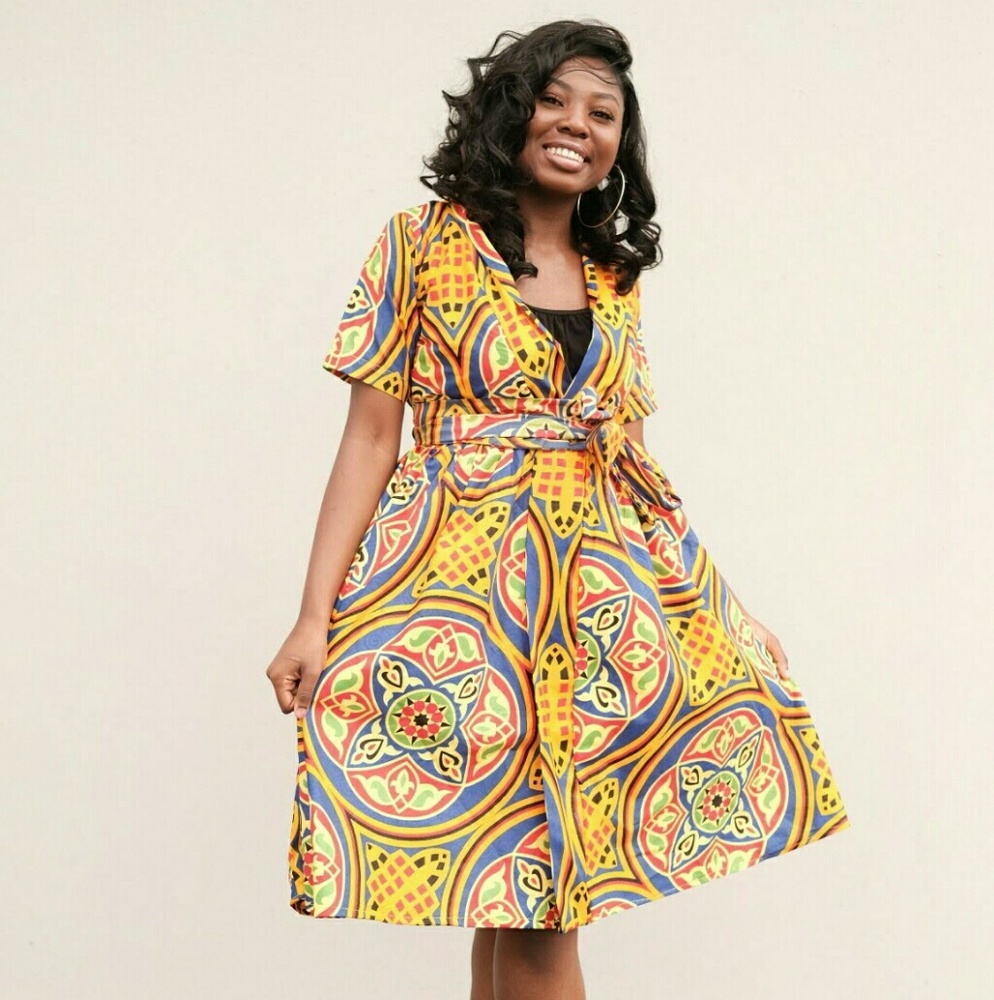 Women African print knee wrapping dress Blazer